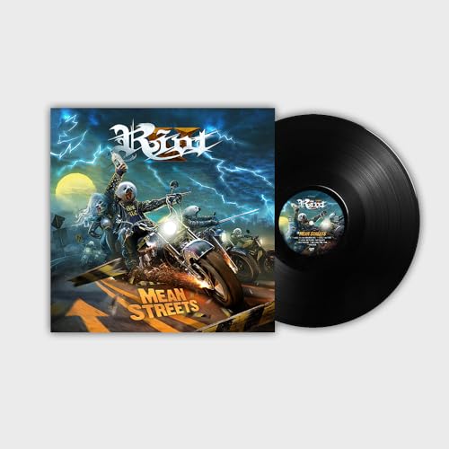 Riot V "Mean Streets" vinyl record with motorcycle artwork.