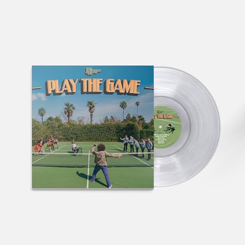 Album cover showing people on a tennis court next to a clear vinyl record.