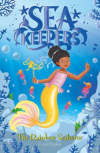 Book cover featuring a young mermaid with seahorses in blue water.