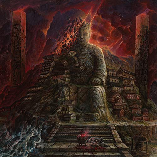 Album cover: Stone statue amidst a fiery, mountainous landscape.