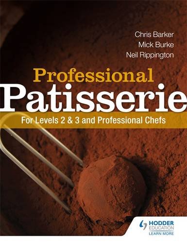 Cookbook cover: “Professional Patisserie” with chocolate powder and whisk.