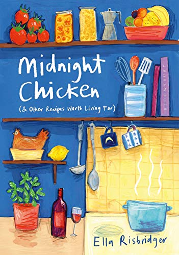 Book cover with blue and yellow background featuring kitchen utensils and food illustrations.