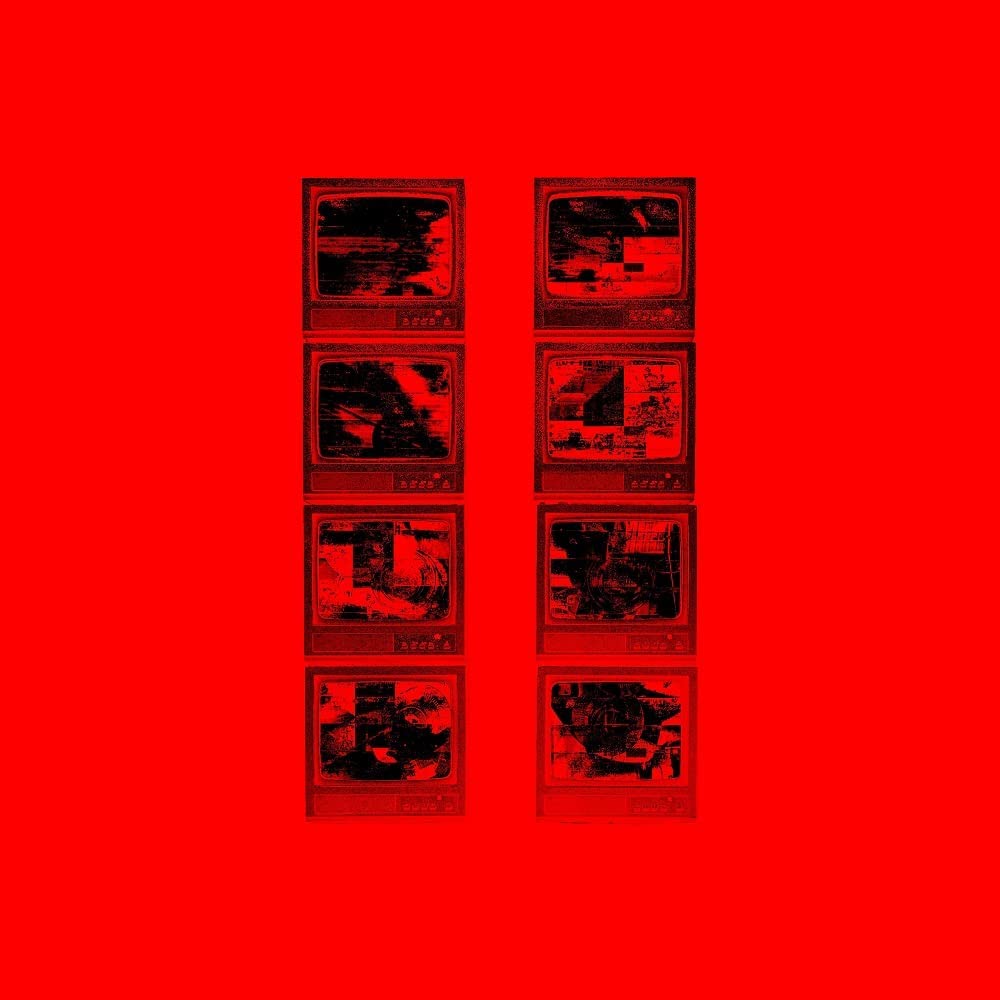 Red album cover with eight black television screens displaying various abstract images.