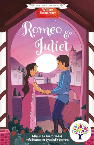 Book cover illustration of Romeo and Juliet holding hands on a balcony at sunset.