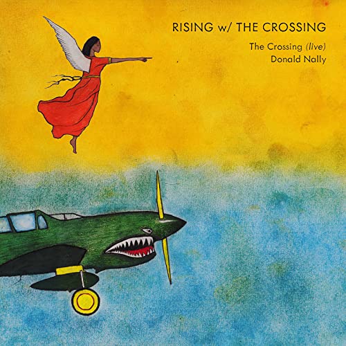 CD cover with angel, airplane, and yellow, blue watercolor background.