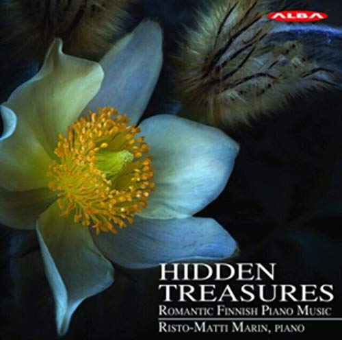 CD cover with white flowers and text: "Hidden Treasures" piano music.