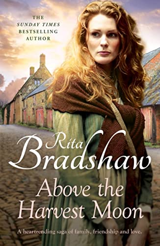 Book cover: woman in period clothing, rural buildings, title "Above The Harvest Moon".