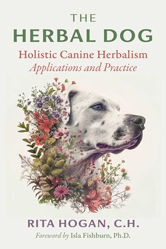 Book cover titled The Herbal Dog featuring a white spotted dog surrounded by flowers.