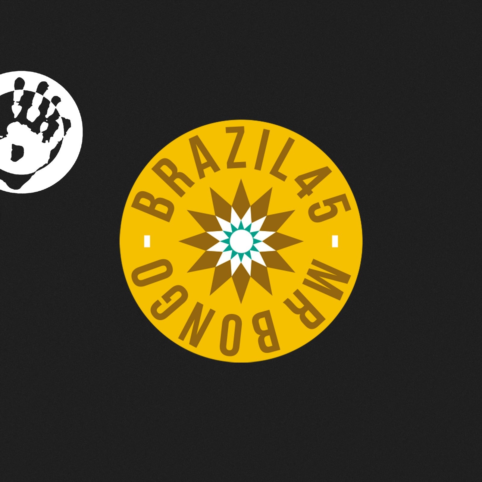 Vinyl record label with a starburst design and handprint graphic.
