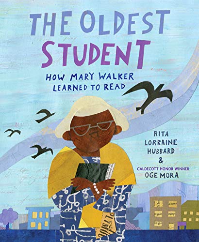 Book cover depicting an older Black woman holding a book, with letters floating around her.