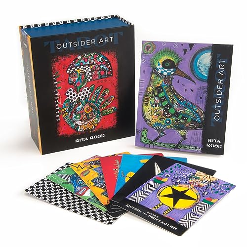 Colorful tarot card deck and box featuring folk art-style bird and hand imagery.