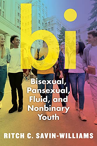 Book cover with yellow "bi" text and diverse young people walking.