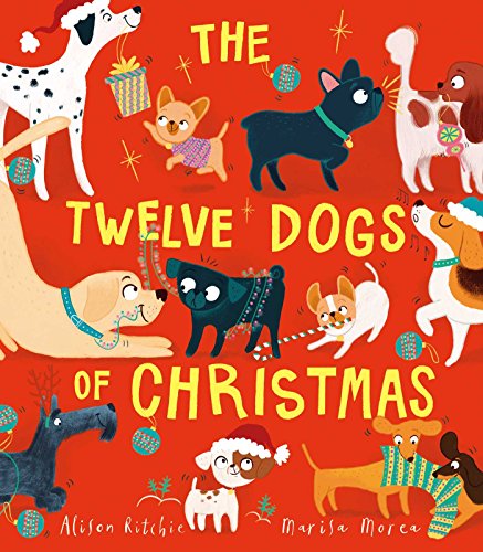 Colorful illustration of twelve diverse dogs wearing Christmas accessories.