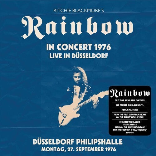 Rainbow album cover: Ritchie Blackmore playing guitar in Düsseldorf, 1976.