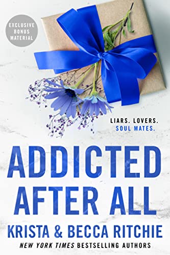 Book cover: “Addicted After All” with blue ribbon and flowers.