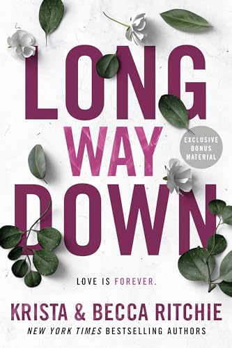 Book cover for Long Way Down featuring purple text, white flowers, and green leaves.