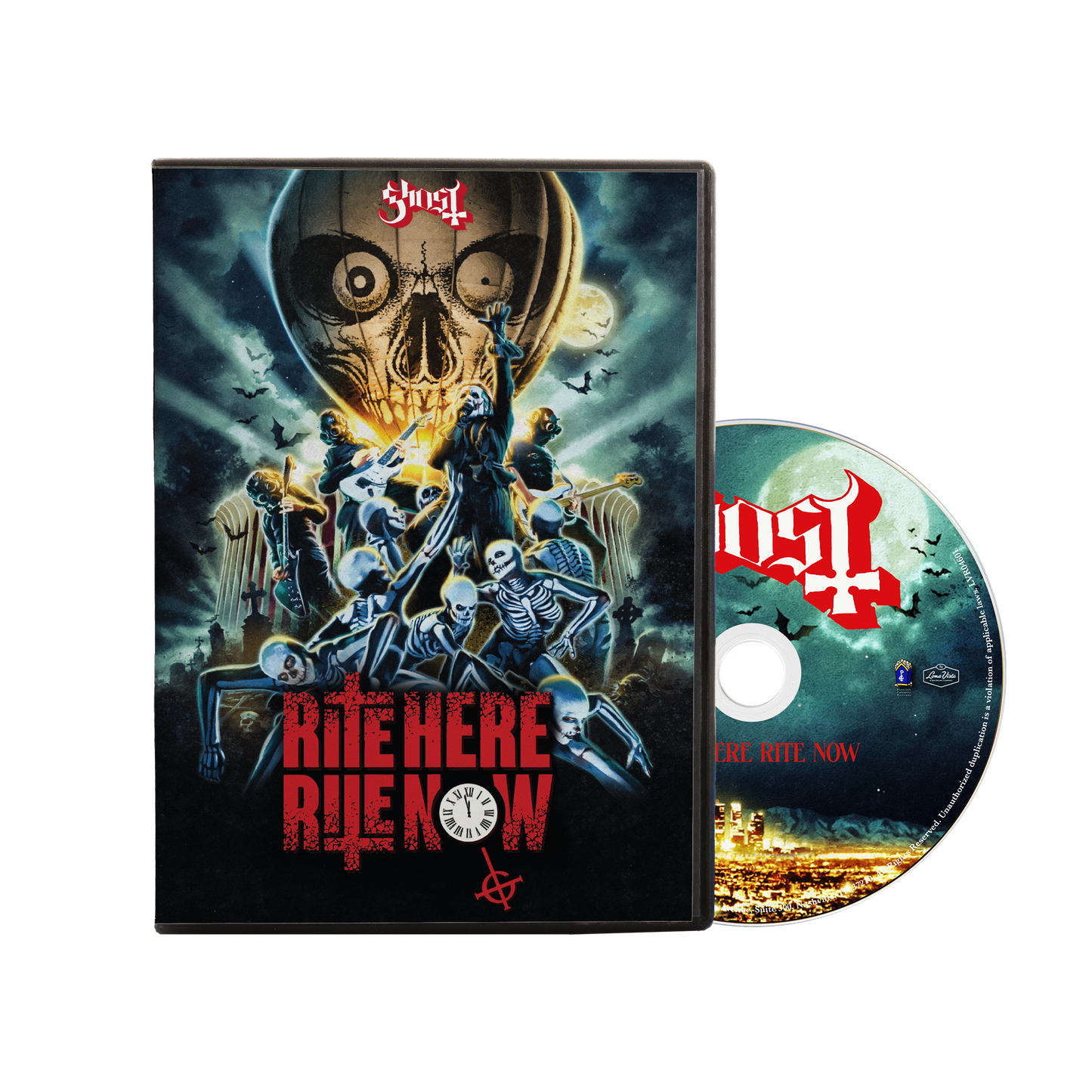 Blu-ray cover for Ghost’s “Rite Here Rite Now” featuring skeletal figures.