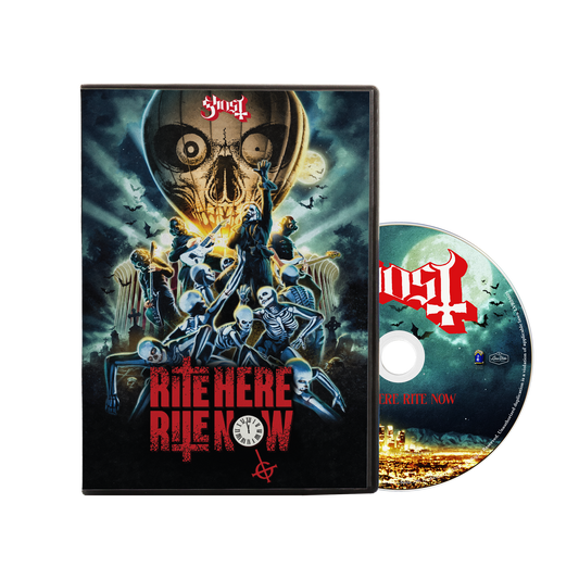 Blu-ray cover for Ghost’s “Rite Here Rite Now” featuring skeletal figures.