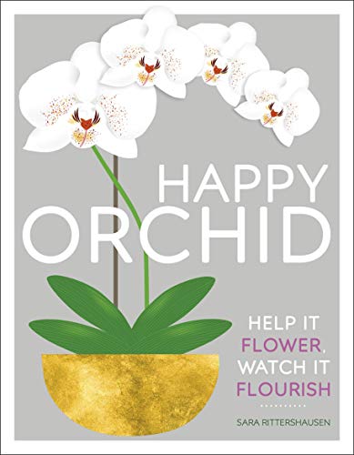 Book cover with white orchids and gold pot, titled "Happy Orchid".