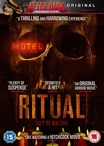 DVD cover for Ritual featuring a large skull, a motel sign, and lit candles.