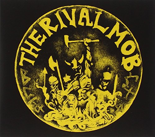 Yellow illustration of a mob with tools, encircled by band name text.