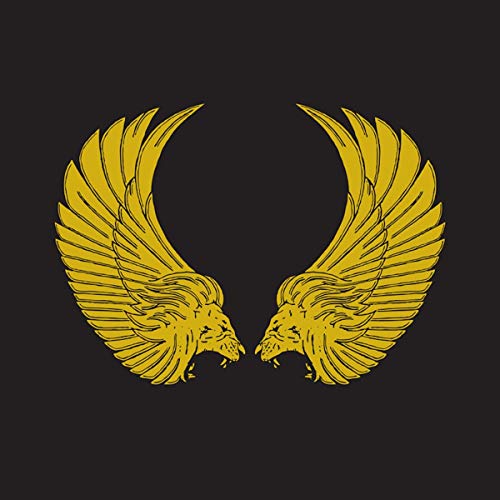 Gold lion heads with spread wings on a black background.
