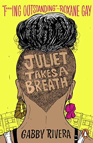 Book cover: woman with heart-shaped haircut, yellow background, text “Juliet Takes a Breath”.