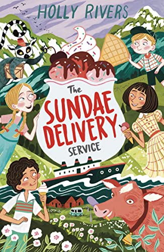 Book cover with children, a lemur, ice cream, and a train at sea.