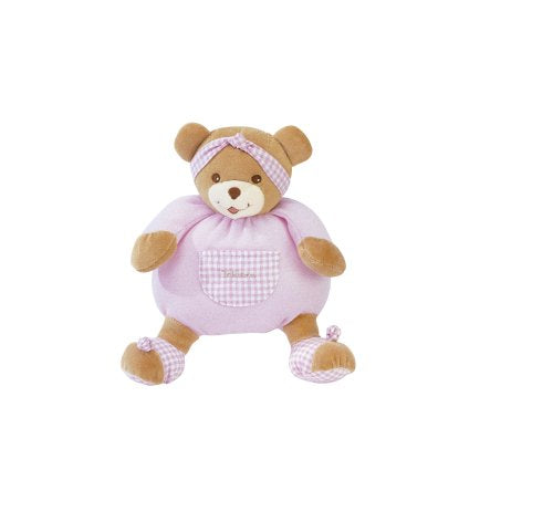 Pink plush bear with a brown ribbon and checkered details.