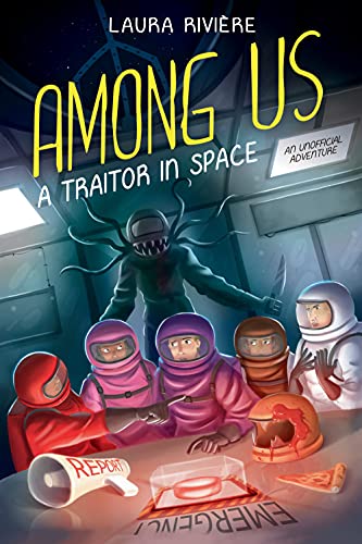 Book cover showing Among Us characters around a table with a monster in back.