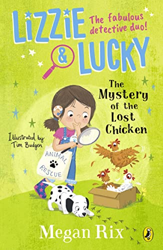 A girl with a magnifying glass, a dalmatian, and chickens on a green background.