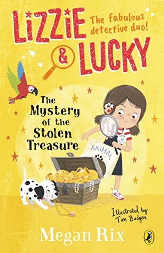 Book cover featuring a girl with a magnifying glass, a dalmatian, and a parrot.