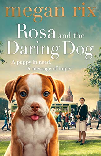 Book cover: a puppy, a woman, and a city background.
