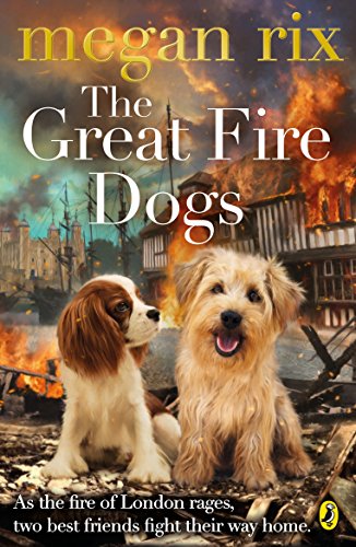 Book cover: two dogs in front of a burning cityscape.