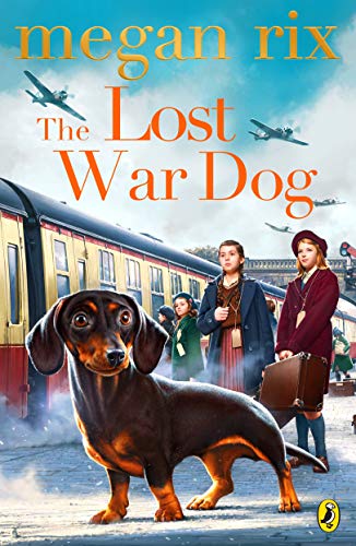 Book cover featuring a dachshund, children, and a vintage train station.