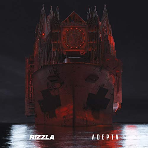 A gothic cathedral sits atop a large ship floating on dark water at night.