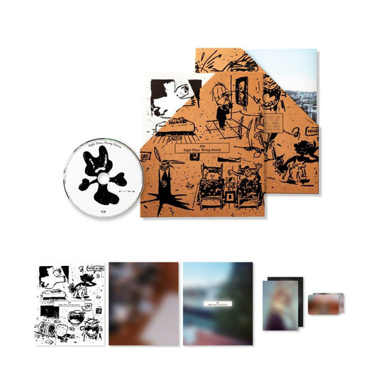 RM Right Place, Wrong Person CD album contents including disc, illustrated packaging, and photo cards.