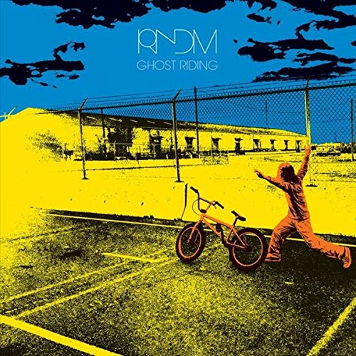 Album cover with a person and bicycle on a tennis court, in yellow, blue, and black.