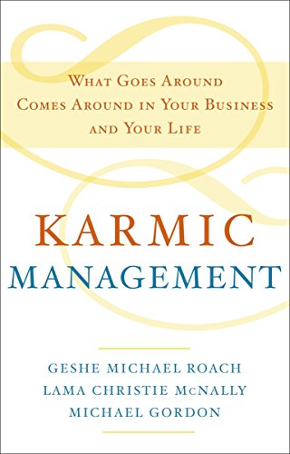Book cover with swirling yellow design and bold text: "Karmic Management.