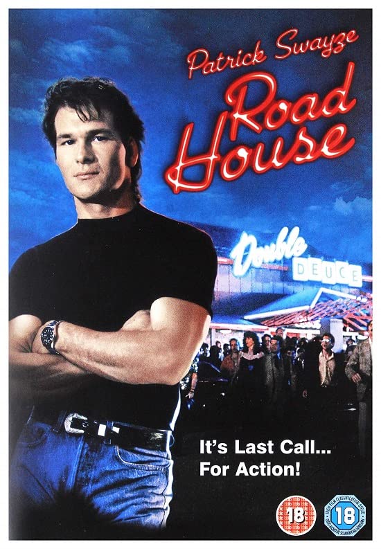 Road House" DVD cover featuring Patrick Swayze and a neon bar sign.