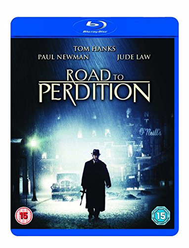 Blu-ray cover for Road to Perdition featuring a man walking in the rain.
