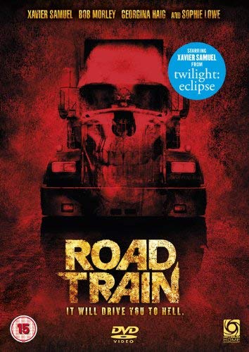 DVD cover for horror film "Road Train" featuring a menacing truck.