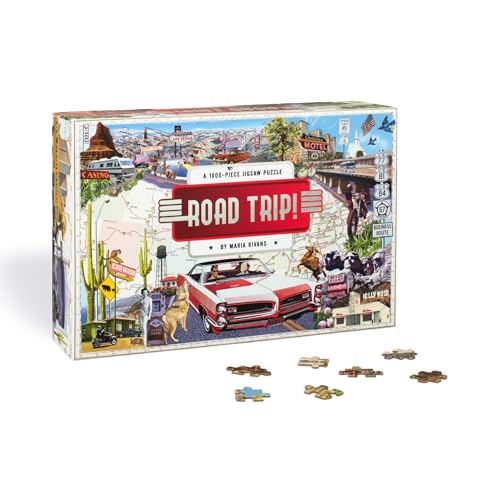 Jigsaw puzzle box depicting a red car and American roadside attractions.