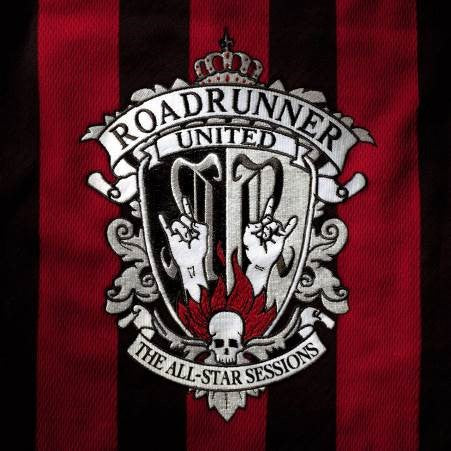 "Red and black striped album cover with a silver ornate crest and skull design."