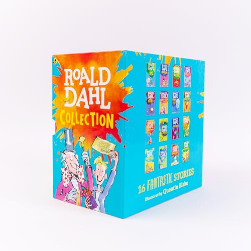 Blue box set of 16 Roald Dahl books with colorful covers.