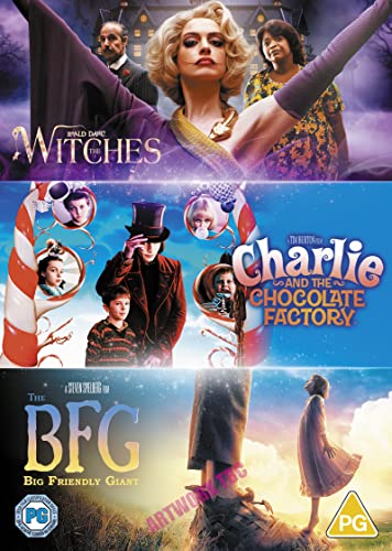 Three Roald Dahl movie posters for The Witches, Charlie and Chocolate Factory, The BFG.