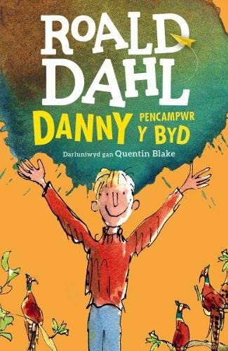 Book cover: boy with arms raised, peacocks, and Welsh text.