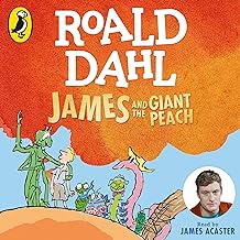 Cover of “James and the Giant Peach” with characters and narrator portrait.