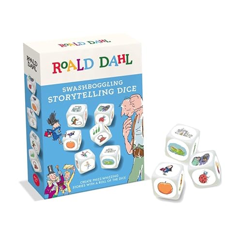 Roald Dahl Story Dice game box with illustrated dice scattered nearby.