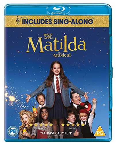 Blu-ray cover for Roald Dahl's Matilda The Musical featuring the cast against blue background.